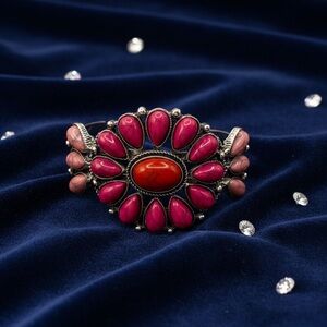 Vibrant Pink & Coral Stone Floral Cuff Bracelet
